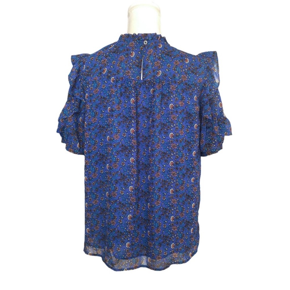 LOFT Blue Floral Mock Neck Ruffled Short Sleeve Blouse Size M - Picture 4 of 8